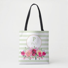 Cerise Watercolor Floral Monogram on Mint Stripes Tasche