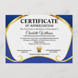 Certificate of Appreciation Blue Gold Elegant Begleitkarte