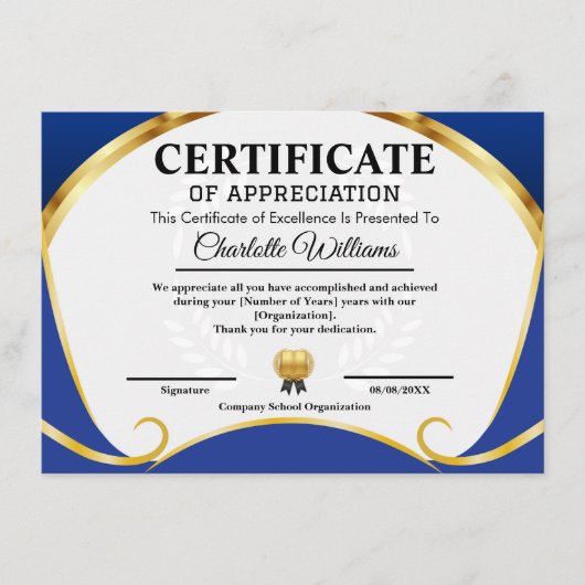 Certificate of Appreciation Blue Gold Elegant Begleitkarte (Vorderseite)