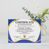 Certificate of Appreciation Blue Gold Elegant Begleitkarte (Stehend Vorderseite)