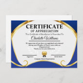 Certificate of Appreciation Blue Gold Elegant Begleitkarte (Vorne/Hinten)