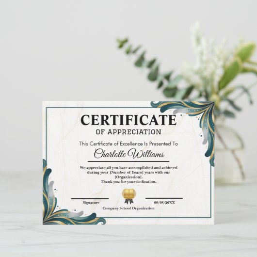 Certificate of Appreciation Editable Award Templat Begleitkarte (Stehend Vorderseite)