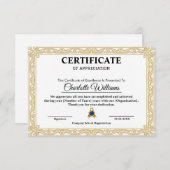 Certificate of Appreciation Gold Elegant Template Begleitkarte (Vorne/Hinten)