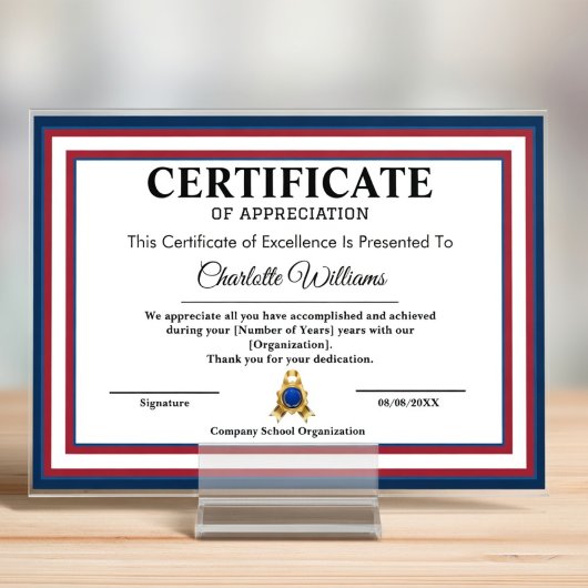 Certificate of Appreciation Patriotic Wall Art Begleitkarte
