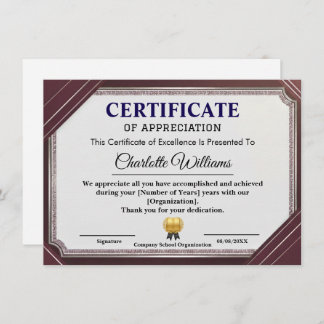 Certificate of Appreciation Professional Elegant Begleitkarte