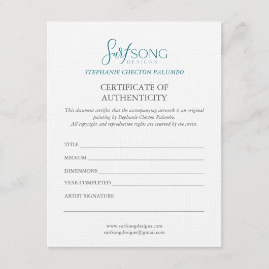 Certificate of Authenticity For Artwork Einladung (Vorderseite)