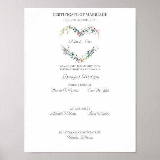 Certificate of Marriage Floral Heart in Pink Poster (Vorne)