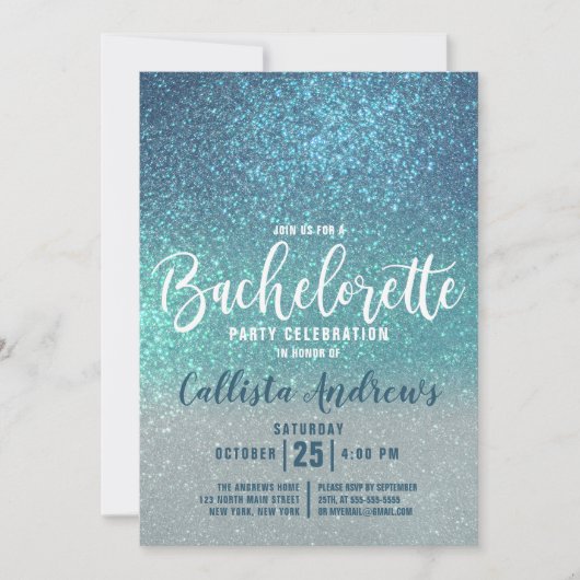 Cerulean Blue Aquamarin Triple Glitzer Bachelorett Einladung (Vorderseite)
