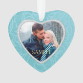 Cerulean Blue Brocade Keepake Fotovorlage Ornament (Vorderseite)