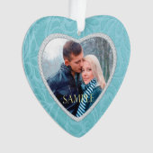 Cerulean Blue Brocade Keepake Fotovorlage Ornament (Vorderseite)