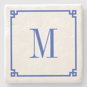 Cerulean Blue Greece Key Border Monogram Steinuntersetzer