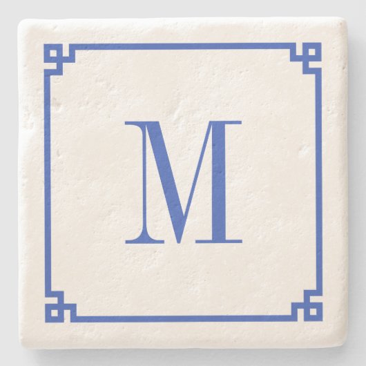 Cerulean Blue Greece Key Border Monogram Steinuntersetzer (Vorderseite)