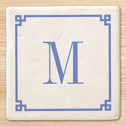 Cerulean Blue Greece Key Border Monogram Steinuntersetzer