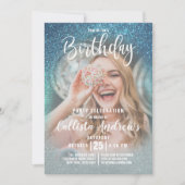 Cerulean Blue Triple Glitzer Ombre Foto Geburtstag Einladung (Vorderseite)