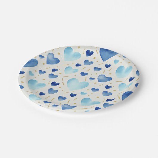 Cerulean Dream Watercolor Hearts Pattern Pappteller (Schrägansicht)