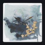 Cerulean & Gold Quadratische Wanduhr<br><div class="desc">Cerulean & Gold I von Victoria Borges. Abstrakt aussehendes Bild mit tiefen Blautönen,  verschönert mit Goldfolien-Flecken.</div>