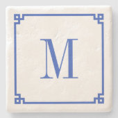 Ceruleanblauer griechischer Schlüsselrand Monogram Steinuntersetzer (Vorderseite)