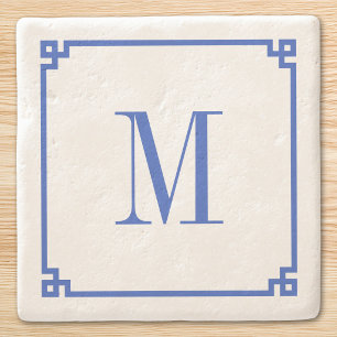 Ceruleanblauer griechischer Schlüsselrand Monogram Steinuntersetzer