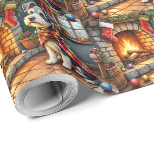Cesky Terrier Fireplace with Christmas Lights Geschenkpapier (Rolleneckpunkt)