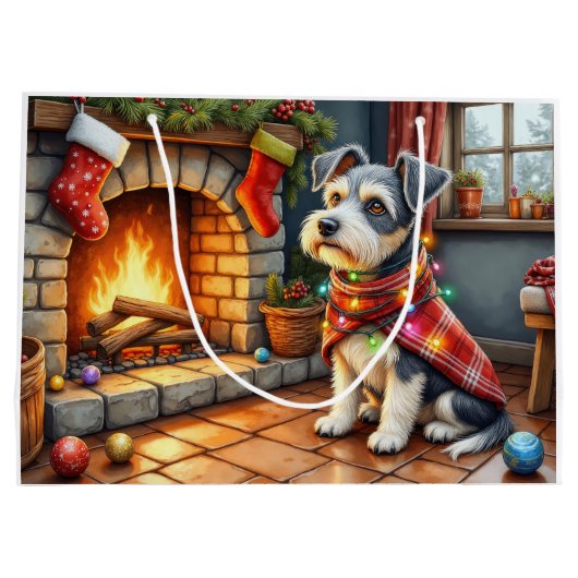Cesky Terrier Fireplace with Christmas Lights Große Geschenktüte (Rückseite)