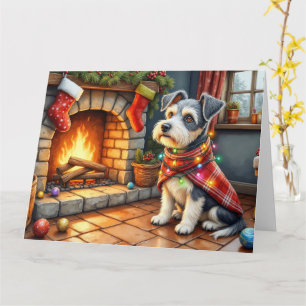 Cesky Terrier Kamin mit Weihnachtslichtern Karte