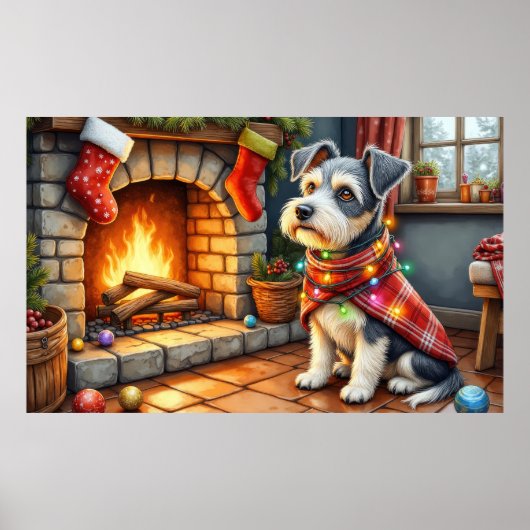 Cesky Terrier Kamin mit Weihnachtslichtern Poster (Vorne)