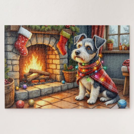 Cesky Terrier Kamin mit Weihnachtslichtern Puzzle (Horizontal)