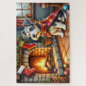 Cesky Terrier Kamin mit Weihnachtslichtern Puzzle (Vertikal)