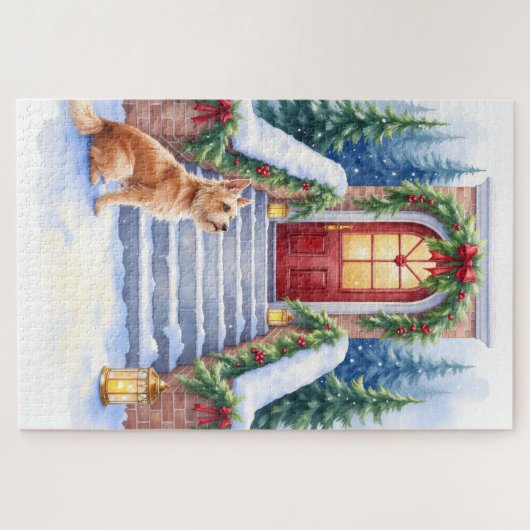 Cesky Terrier Snowy Staircase Christmas Art Puzzle (Horizontal)