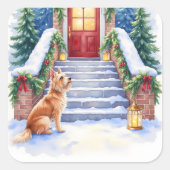Cesky Terrier Snowy Staircase Christmas Art Quadratischer Aufkleber (Vorderseite)