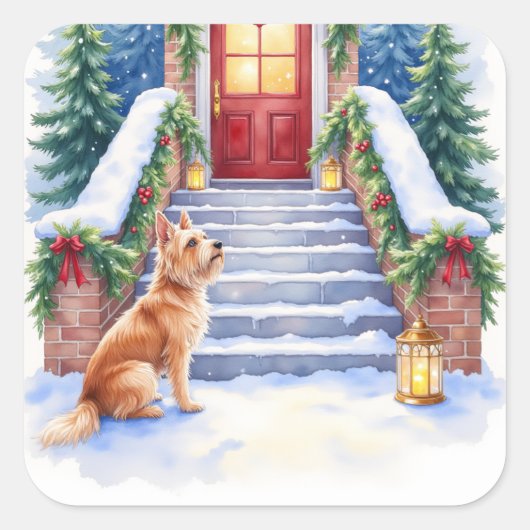 Cesky Terrier Snowy Staircase Christmas Art Quadratischer Aufkleber (Vorderseite)
