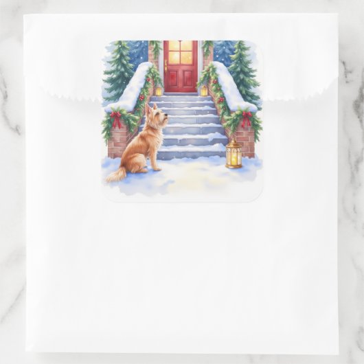 Cesky Terrier Snowy Staircase Christmas Art Quadratischer Aufkleber (Tasche)