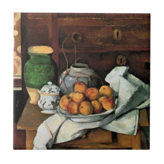 Cezanne - Gefäße, Früchte und Tuch Fliese (Vorderseite)