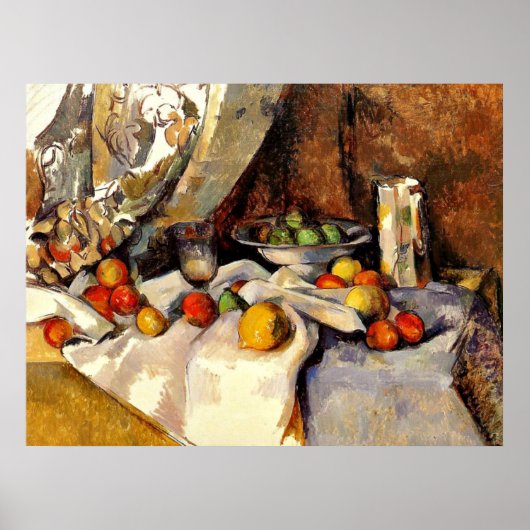 Cezanne - Stillleben Post, Flasche, Cup und Obst Poster (Vorne)