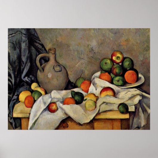 Cezanne - Vorhang, Jug und Obst Poster (Vorne)