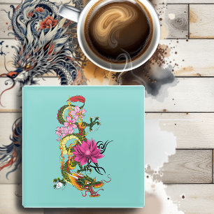 Ch9inese Dragon Lotus Cherry Blüten Glasuntersetzer