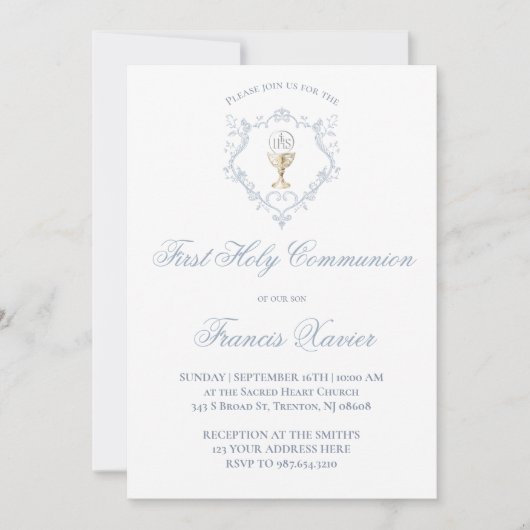 Chalice Host blue crest | First Communion Einladung (Vorderseite)