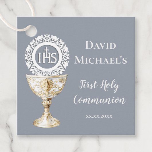 Chalice Host First Communion blue background Geschenkanhänger (Vorderseite)