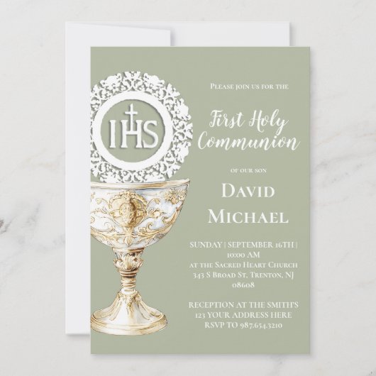 Chalice Host First Communion sage green background Einladung (Vorderseite)