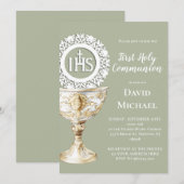 Chalice Host First Communion sage green background Einladung (Vorne/Hinten)