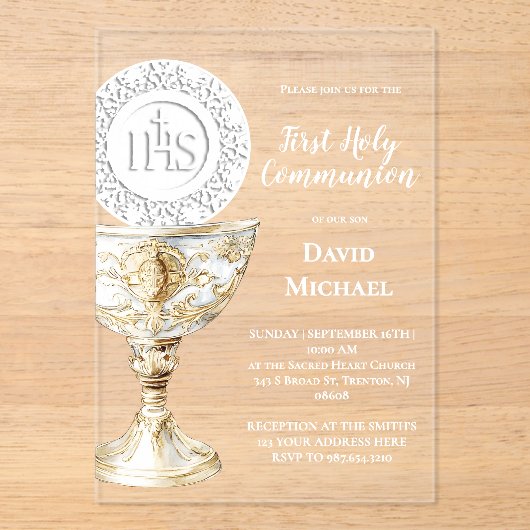 Chalice Host First Holy Communion Acryleinladungen (Vorderseite)