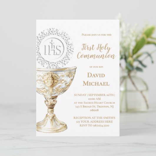 Chalice Host First Holy Communion Einladung (Stehend Vorderseite)