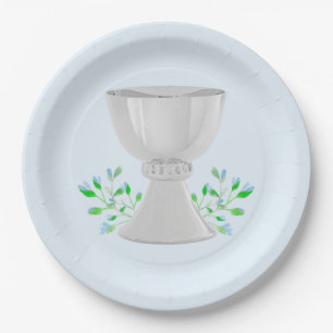 Chalice und Blue Buds Grüne erste Kommunion Pappteller