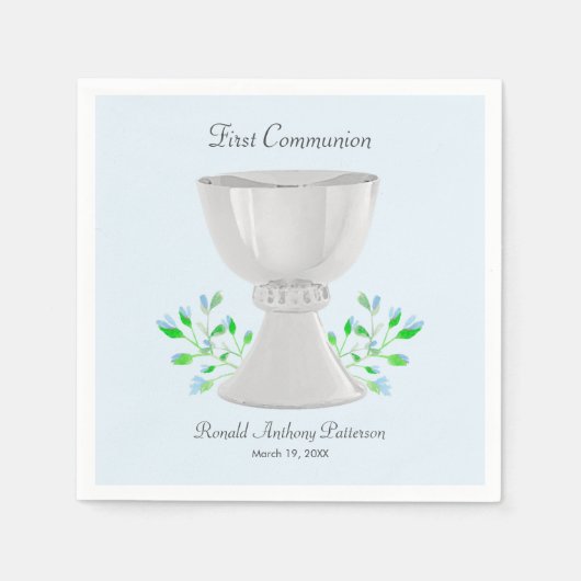 Chalice und Blue Buds Grüne erste Kommunion Serviette (Vorderseite)