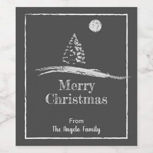 Chalk Art Pine Tree in Snow Custom Frohe Weihnacht Weinetikett (Einzelnes Label)