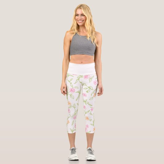 Chalk Gezeichnet Rose Hintergrund Capri Leggings (Vorderseite)
