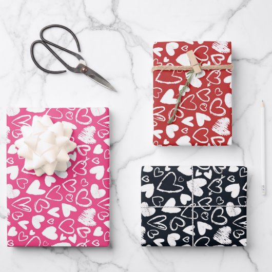 Chalk Heart Doodle Niedlich Valentinstag Muster Geschenkpapier Set (Vorderseite)