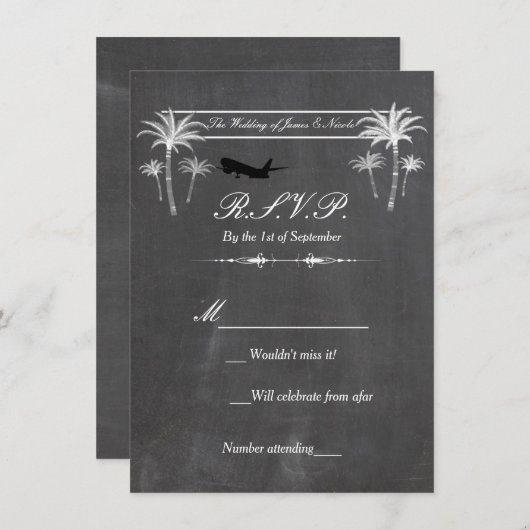 Chalk Palm Trees & Airplane Destination RSVP Card Einladung (Vorne/Hinten)