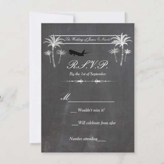 Chalk Palm Trees & Airplane Destination RSVP Card Einladung (Vorderseite)