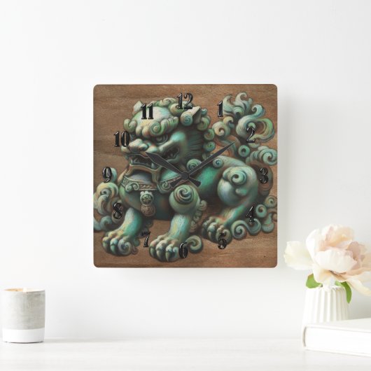 Chalk Zeichn von Jade Foo Dog Quadratische Wanduhr (Zuhause)